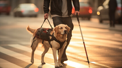A Disabled Blind Man Crossing The Street With His White Labrador Service Dog