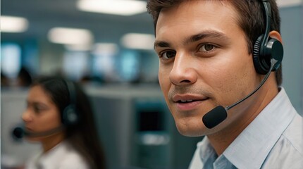 the man works as a call center agent or telephone operator, advises the client online, the concept of customer service by phone