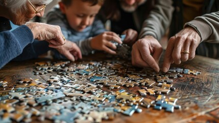 Father and mother, parents,  young child enjoying quality time together by assembling jigsaw puzzles in their stylish, modern home The dark blue and aquamarine color scheme creates a calming - obrazy, fototapety, plakaty