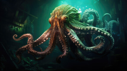 Giant Octopus in underwater. Kraken monster and sunken ship in deep ocean with mystic atmosphere - obrazy, fototapety, plakaty