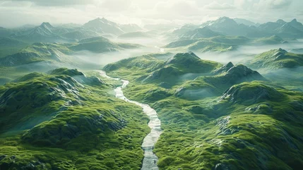 Fotobehang Long river runs through a lush green valley with mountains in the background. The scene is serene and peaceful, with the water flowing gently over the rocks © Intelligent Horizons