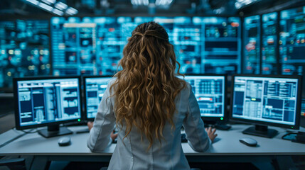 Rear view of a woman with curly hair working on multiple computer screens in control room
