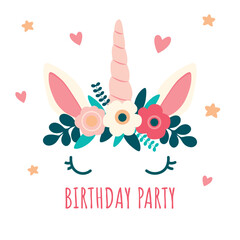 Unicorn head with horn and floral bouquet. Design for invitation, birthday cards. Cute flat style