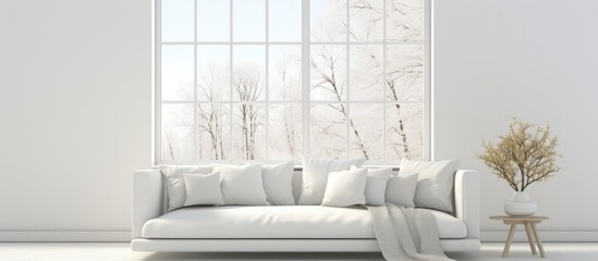 A white living room featuring a white couch placed against a wall, with a large window showcasing a white landscape outside. The room is designed in a Scandinavian interior style.