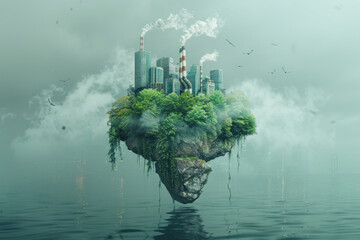 A city is floating on top of a body of water. The city is surrounded by trees and has a lot of smoke coming out of it. Scene is one of pollution and environmental destruction
