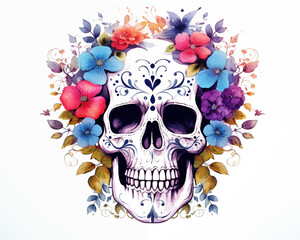 Fototapeta premium Skull in flowers. Watercolor drawing. White back