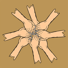 many people put their right hands together together hands unite vector illustration