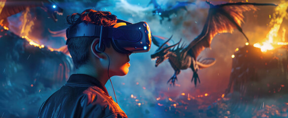 Virtual reality concept. Model young man in glasses of virtual reality on background with dragons, fire, fantasy world. Augmented reality, future technology concept. VR. Neon light.