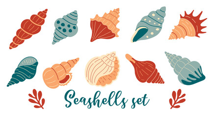 Seashells, mollusks spiral shells set, aquarium or underwater wildlife. Flat style - obrazy, fototapety, plakaty