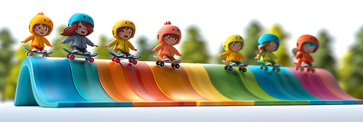 A 3D animated cartoon render of a group of children skateboarding on colorful ramps. - obrazy, fototapety, plakaty