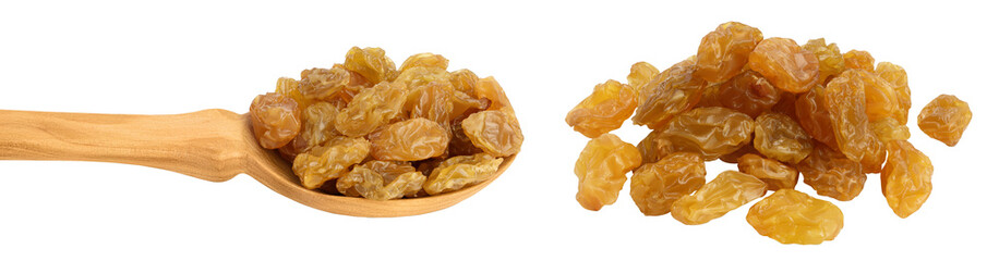 Yellow raisins in wooden spoon isolated on white background with full depth of field