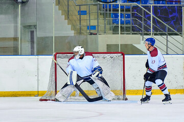 hockey goalkeeper catches the puck
