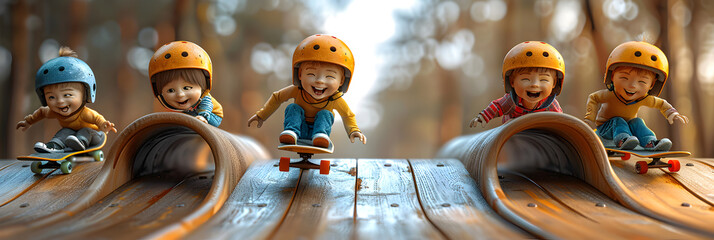 A 3D animated cartoon render of smiling kids riding skateboards down ramps. - obrazy, fototapety, plakaty
