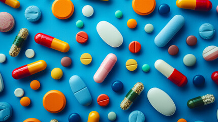 Top view: assorted pills scattered on blue background, representing varied medications for diverse ailments, - obrazy, fototapety, plakaty