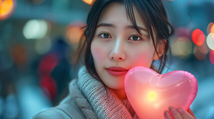 Asian woman holding pink glowing heart.