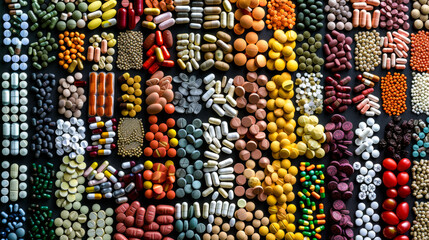 Top-down view Array of medicines arranged on a black backdrop, representing the varied options for healthcare treatments,