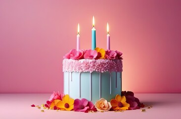 Birthday cake with candles decorated with colorful flowers standing on light surface, blurred pink background, banner