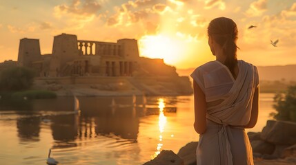 Fototapeta premium Woman at Sunset Overlooking an Ancient City by the River at Philae Temple in Aswan, Egypt