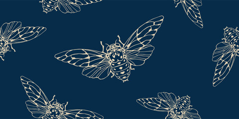 Cicada seamless pattern. Repeat flies textile design.
