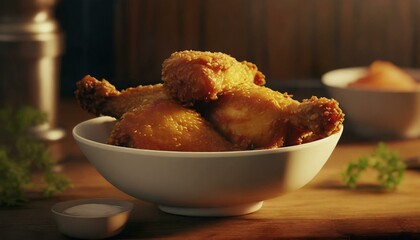 fried chicken in a white bowl on a wooden table