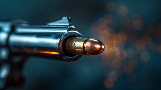 a bullet being fired from a gun, Bullet shooting out from gun. Close-up of a bullet coming out of a gun. weapon