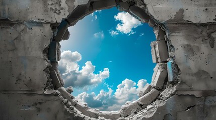 Blue skies through a broken wall: hope and freedom concept. vivid imagery, destroyed building, visual metaphor, daylight scene. AI - obrazy, fototapety, plakaty