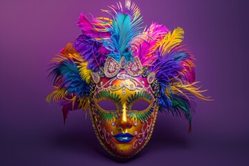 A vibrant Mardi Gras mask adorned with colorful feathers set against a purple background.