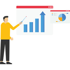 report or statistic improvement concept, present businesswoman graphic with an increasing bar chart. increase profit or increase income, successful investment or increase sales.
