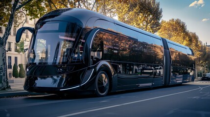 Fototapeta premium Futuristic public transport: sleek black autonomous bus on city street, modern urban transit concept. AI