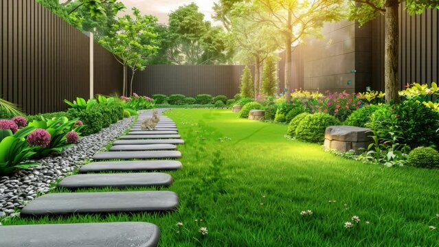 garden with stepping stones and green grass