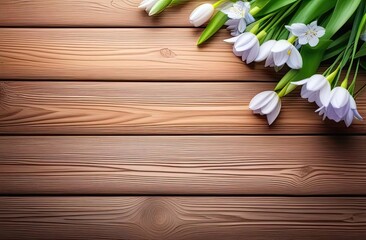 Fototapeta na wymiar Pale blue spring flowers in the upper right corner of the frame lie on a light wooden surface, top view, banner with space for text, vignette
