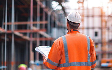 Closeup image of civil engineer with blueprints at construction site.