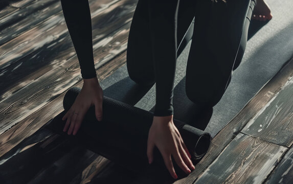 Closeup image of young woman rolling yoga mat on black wooden floor.