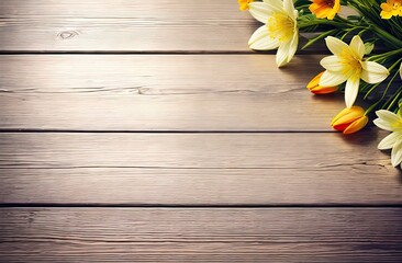 Daffodils and orange tulips in the upper right corner of the frame lie on a wooden surface, banner with space for text, top view