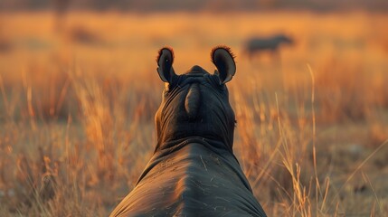 Rhino Observing an Elephant Herd in Namibian Grassland