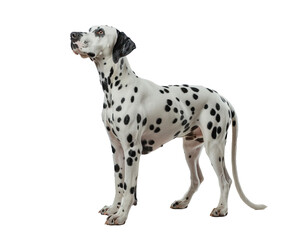 A white and black dog with black spots stands on a white background. The dog is looking at the camera. Isolated on transparency background.