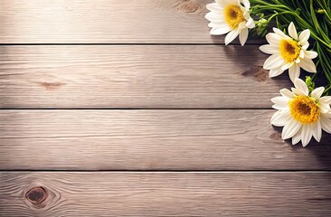 Obraz premium Summer flowers of white and yellow color in the upper right corner of the frame on a light wooden surface, banner with space for text