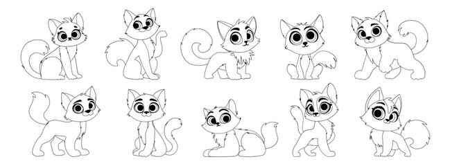 Set of ten cute line art kittens. Little cute cat with a charming look poses. Vector black lines style