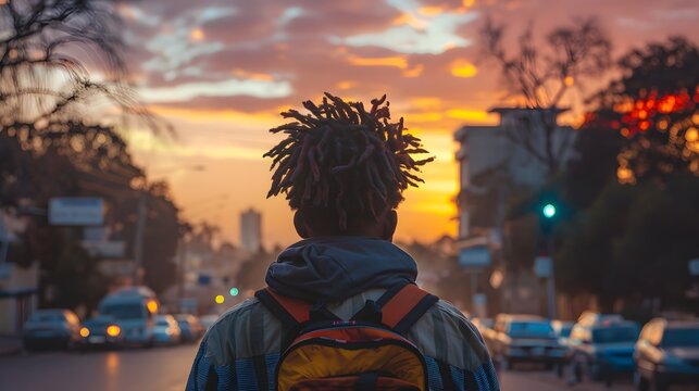 Man with Dreadlocks Walking Down Street at Sunset in African Influenced Style