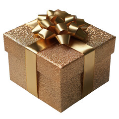 Gift box in gold craft wrapping paper and gold satin ribbon on transparent background - 754401820