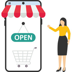 concept of open online store or shop website for e-commerce to sell products, businessman flipping open sign on online shop mobile site with customers waiting to buy retail products.