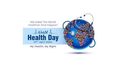 World health day promotional concept, theme design. Health care doctor stethoscope with group of people and World globe. 3D illustration