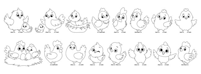 Large set of chicken family in lineart. Yellow chickens, Hen hatches eggs. Mother hen and chicks. Big and small roosters. Chicken and rooster in the nest. Black lines style.