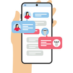 Ai chatbot and customer service concept. man talking to chatbot on big smartphone screen. Chat bot virtual assistant via messaging. customer support. Vector isolated illustration
