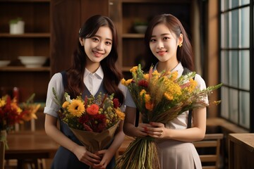 Fototapeta na wymiar Two Korean female students holding bouquets 