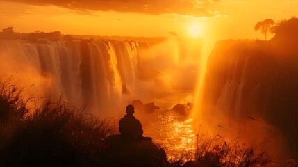 Man Contemplating Golden Sunset over Africas Waterfall in Traditional Art - obrazy, fototapety, plakaty