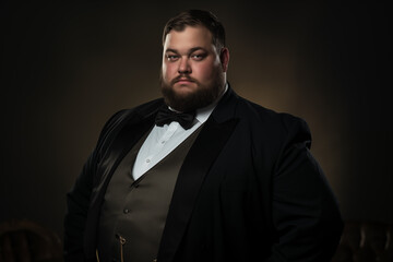 Fototapeta premium A chubby man wears a tuxedo suit with confidence