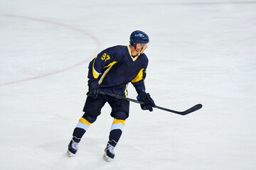 Hockey players are actively fighting for the puck
