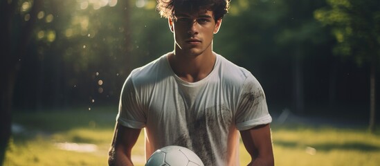 A man is standing in a field, holding a soccer ball in his hands. The field is green and open, with no one else in sight.