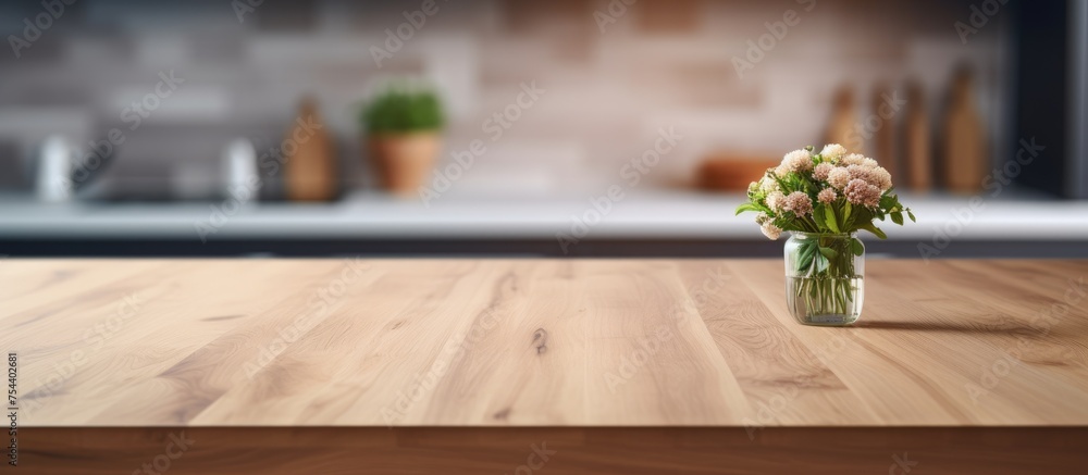 Poster a wooden table in a modern kitchen setting with a vase of colorful flowers sitting atop it. the tabl